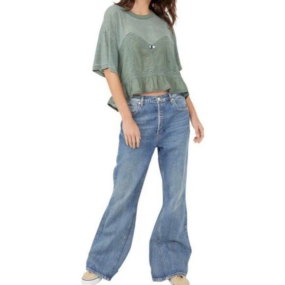 Free People Green Fall in Love Tee NWT XS Women Cottage Coquette Boho Peasant - Picture 2 of 6